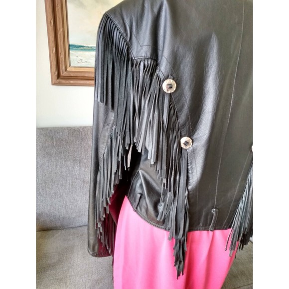Womans Black Leather Biker Motorcycle Jacket Sz Med Excellent Vtg Fringe Short - Picture 5 of 9